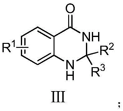 General chemical structure of dihydroquinazolinone compounds (Formula III) showing variable substituents R1, R2, and R3