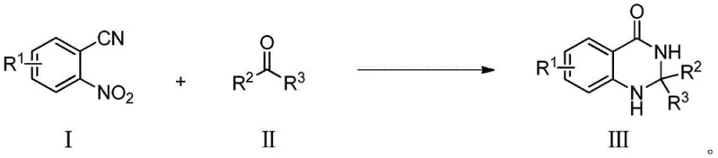 General reaction scheme showing the conversion of o-nitrobenzonitrile (I) and aldehyde/ketone (II) to dihydroquinazolinone (III)