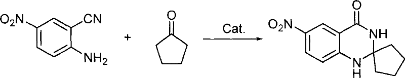 Reaction of 5-nitro-2-aminobenzonitrile with cyclopentanone to form spiro-cyclic quinazolinone derivative