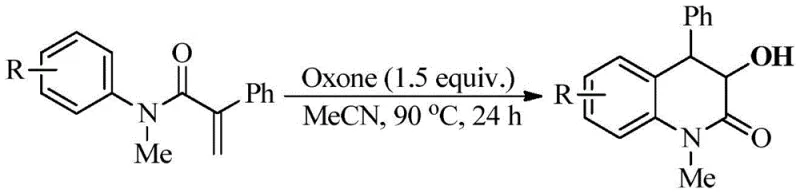 Oxone-promoted tandem reaction converting N-methyl-N-aryl-2-phenylacrylamide to 3-hydroxymethyl dihydroquinolinone at 90°C in acetonitrile