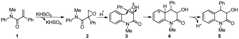 Detailed catalytic cycle showing epoxidation, protonation, intramolecular alkylation, and aromatization steps in Oxone-promoted synthesis