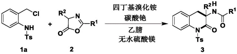 General reaction scheme for Examples 8-19 showing substrate scope with varying azlactone structures