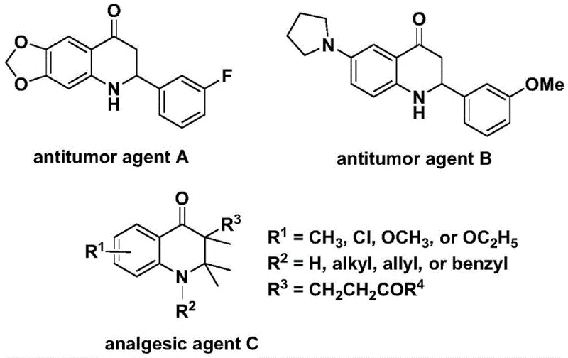 Structural formulas of bioactive compounds A (antitumor agent), B (antitumor agent), and C (analgesic agent) featuring dihydroquinolone cores