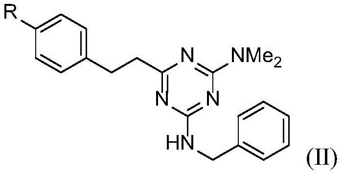 General reaction scheme showing the conversion of styryl-triazine Formula I to benzylamino-phenethyl-triazine Formula II using ruthenium catalysis