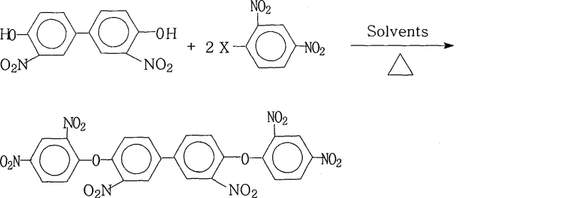 Reaction scheme showing the nucleophilic substitution of 3,3'-dinitro-4,4'-dihydroxybiphenyl with 2,4-dinitrohalobenzene to form the target bis-ether product