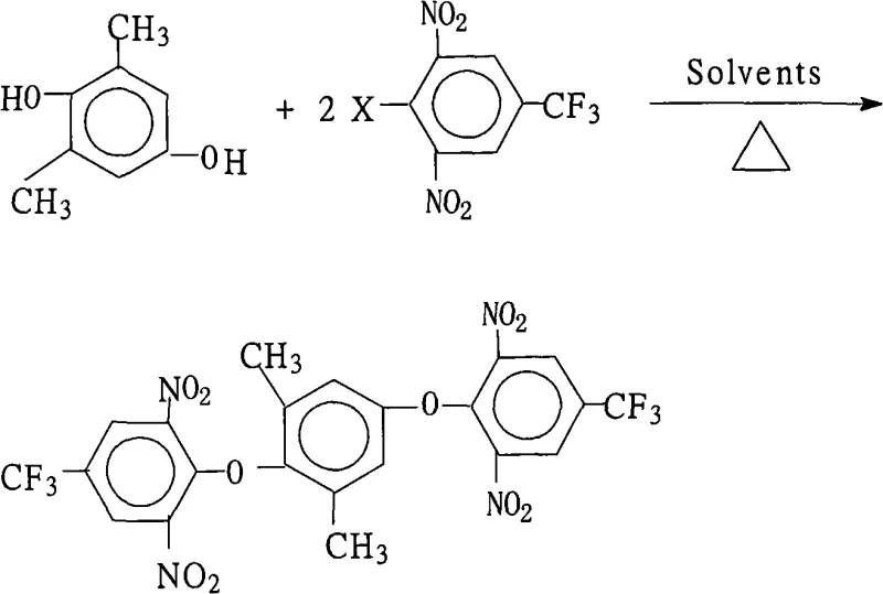Reaction scheme showing the synthesis of 1,4-bis(2,6-dinitro-4-trifluoromethylphenoxy)-2,6-dimethylbenzene via nucleophilic substitution