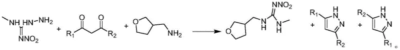 Core reaction scheme showing the one-pot synthesis of Dinotefuran from Compound I, Compound II, and tetrahydrofuran-3-methylamine