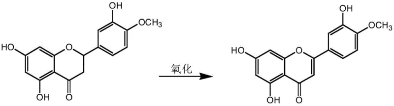 Chemical reaction scheme showing the oxidative conversion of Hesperetin to Diosmetin using KI/DMSO/Acid system