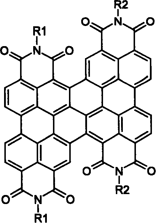 General chemical structure of diperylene tetracarboxylic acid diimide showing variable R1 and R2 substituents