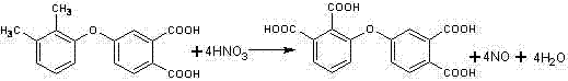 Reaction equation showing the oxidation of dimethyl-phenyl ether diacid to 2,3,3',4'-diphenyl ether tetracarboxylic acid using dilute nitric acid
