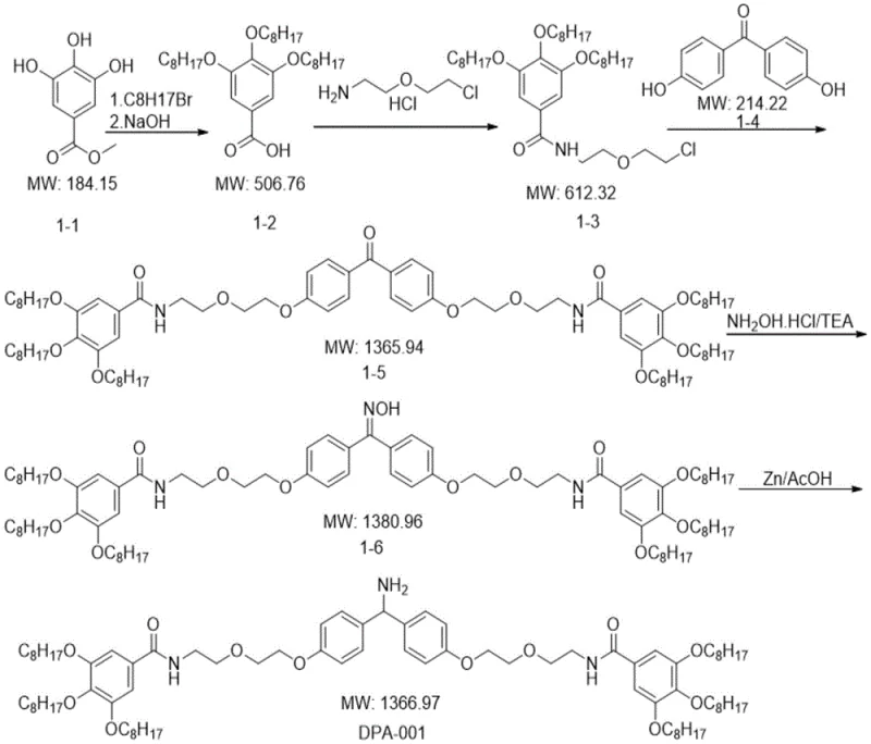 Specific synthesis example of DPA-001 showing reaction conditions and molecular weight data