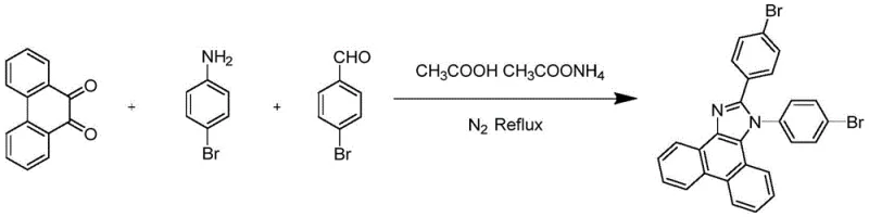Reaction scheme for Step 1 showing the cyclization of 4-bromobenzaldehyde, p-bromoaniline and 9,10-phenanthrenequinone