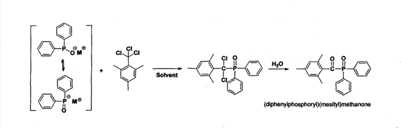 Reaction scheme showing condensation of phosphine salt with trichloromethyl benzene followed by hydrolysis