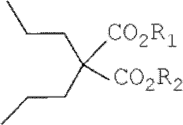 General reaction scheme for dipropylmalonic acid diester preparation showing malonate diester reacting with 1-halopropane in the presence of a base