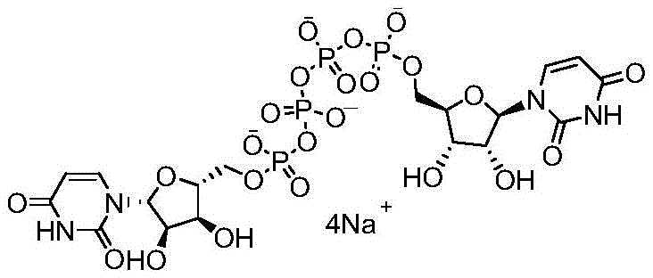 Chemical structure of Diquafosol Tetrasodium salt showing the P1,P4-di(uridine-5'-) tetraphosphate backbone