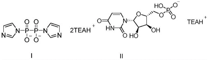Core reaction scheme showing the coupling of imidazole pyrophosphate triethylamine salt and uridine monophosphate triethylamine salt to form the target tetraphosphate