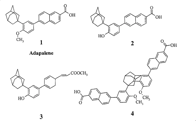 Chemical structures comparing Adapalene (1) with the novel disubstituted adamantyl retinoic acid derivative (4)