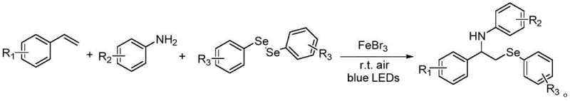 General reaction scheme for the synthesis of disubstituted styrene derivatives using styrene, aniline, and diphenyl diselenide under blue LED irradiation