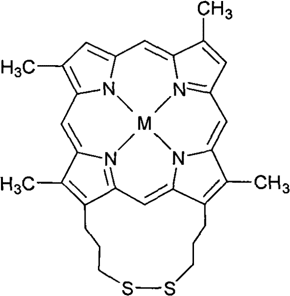 Chemical structure of linked disulfide propyl porphyrin metal complex showing the central metal M and the disulfide bridge