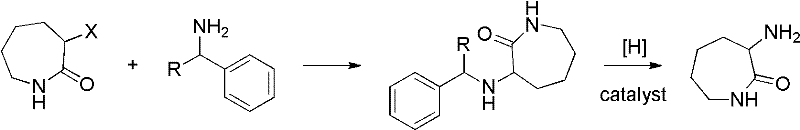 Reaction scheme showing nucleophilic substitution of alpha-halo caprolactam with benzylamine followed by catalytic hydrogenolysis to yield DL-alpha-aminocaprolactam