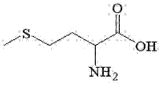Chemical structure of D,L-Methionine showing the sulfur-containing side chain critical for protein synthesis