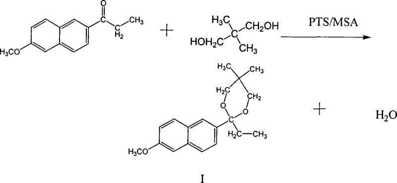 Chemical reaction scheme showing the ketalization of 2-propionyl-6-methoxynaphthalene with neopentyl glycol to form Ketal I