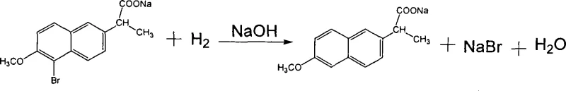 Hydrogenation reaction scheme converting bromo-byproduct into DL-Naproxen sodium salt