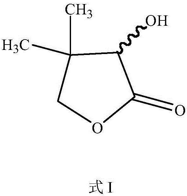 Chemical structure of DL-alpha-hydroxy-beta, beta-dimethyl-gamma-butyrolactone showing the gamma-butyrolactone ring with dimethyl and hydroxy substituents