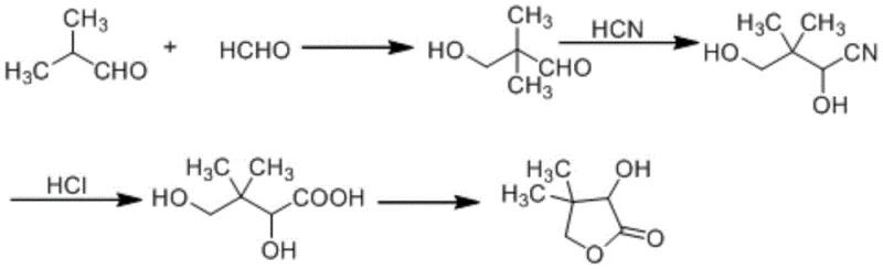 Traditional synthesis route of DL-pantolactone showing HCl hydrolysis and solvent extraction steps