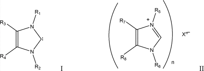 General chemical structures of N-heterocyclic carbene (Formula I) and Imidazolium salt (Formula II) catalysts
