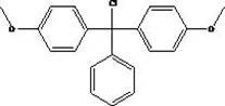 Chemical structure of 4,4'-dimethoxytriphenylchloromethane showing the central carbon bonded to three phenyl rings, two of which are para-substituted with methoxy groups