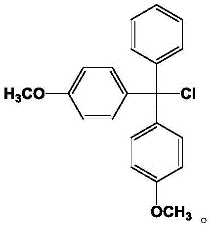 Chemical structure of 4,4'-dimethoxytriphenylchloromethane showing the central carbon bonded to three aromatic rings and a chlorine atom