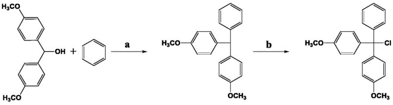 Two-step reaction scheme showing the conversion of dimethoxydiphenylmethanol to the final chlorinated product