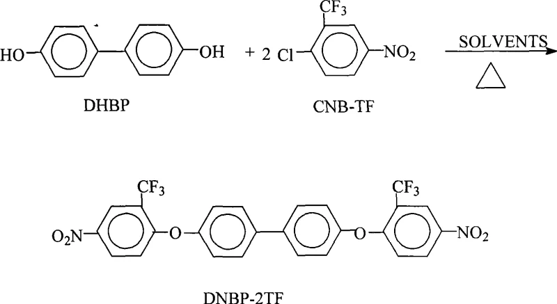 Chemical reaction scheme showing the synthesis of DNBP-2TF from DHBP and CNB-TF via nucleophilic substitution