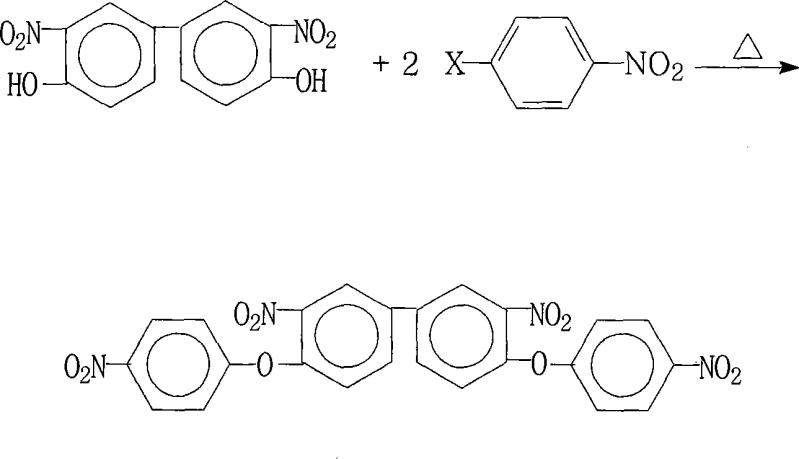 Chemical reaction scheme showing the synthesis of 3,3'-dinitro-4,4'-bis(4-nitrophenoxy)biphenyl via nucleophilic substitution