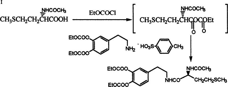 Conventional Route A synthesis showing mixed anhydride formation and subsequent reaction with dopamine salt