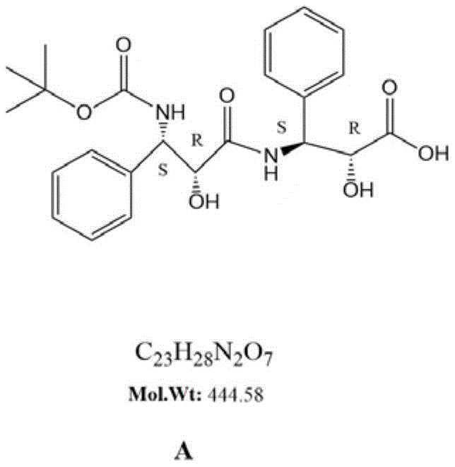 Chemical structure of Docetaxel Impurity A (C23H28N2O7) showing the complex dimer-like arrangement