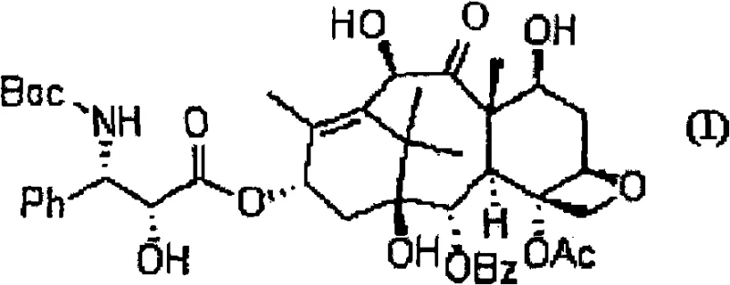 Chemical structure of Docetaxel (Formula I) showing the complex taxane core and side chain
