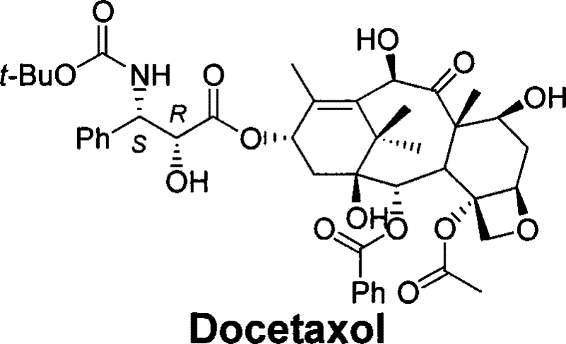 Chemical structure of Docetaxel showing complex stereochemistry and functional groups