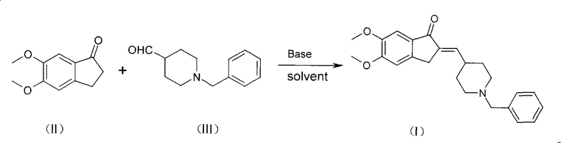 Reaction scheme showing condensation of indanone and aldehyde to form Donepezil intermediate