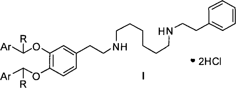 Reaction scheme showing catalytic hydrogenation conditions for removing arylmethyl protection groups to form Dopexamine Hydrochloride
