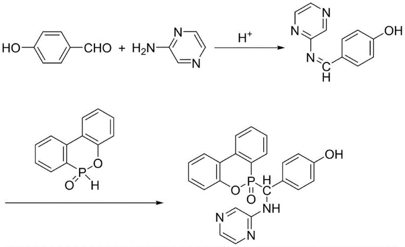 Reaction scheme for the synthesis of pyrazine-containing DOPO flame retardant variant