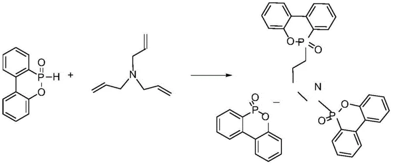 Reaction scheme showing the Michael addition between DOPO and triallylamine to form the flame retardant