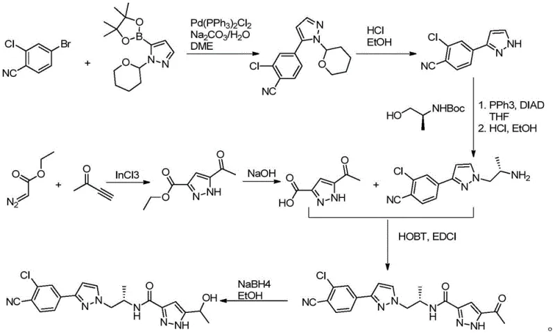 Prior art synthesis route utilizing Suzuki coupling and hazardous diazo compounds