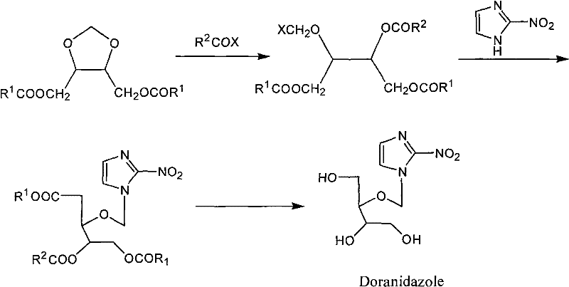 Prior art reaction scheme showing the synthesis of Doranidazole using hazardous methylal and vanadium pentoxide