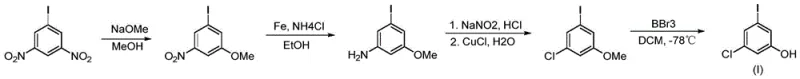 Prior art synthesis route involving hazardous Boron Tribromide and iron reduction
