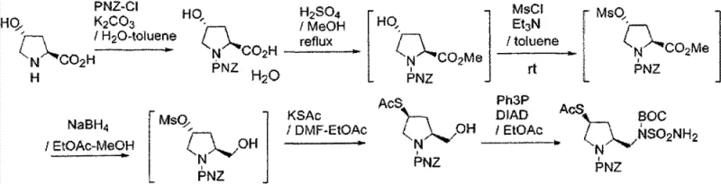 Prior art synthetic Route 1 for Doripenem Intermediate showing use of toxic toluene and expensive Mitsunobu reagents