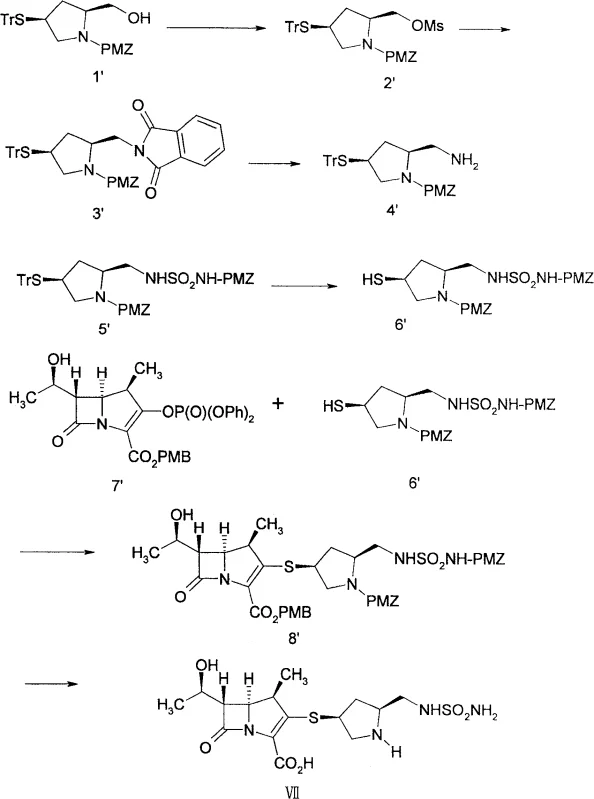 Conventional multi-step synthesis route for doripenem showing complex protection and deprotection sequences