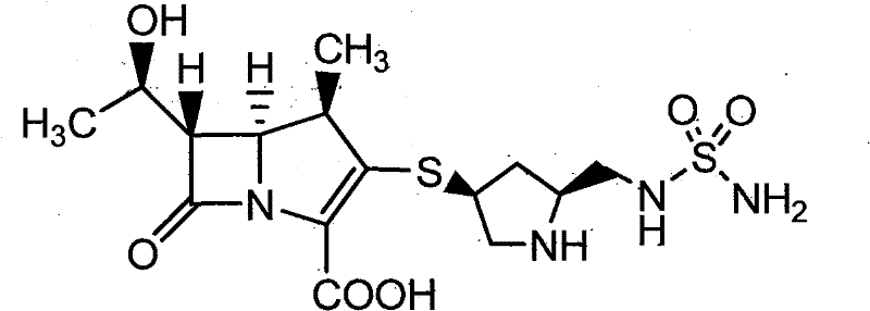 Chemical structure of Doripenem showing the carbapenem core and pyrrolidine side chain