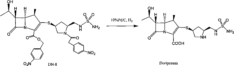 Synthesis route of Doripenem from DN-8 precursor via hydrogenation